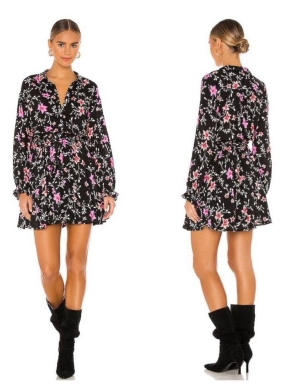 Free People Lighten Up Floral Long Sleeve Black Mini Dress Size Medium